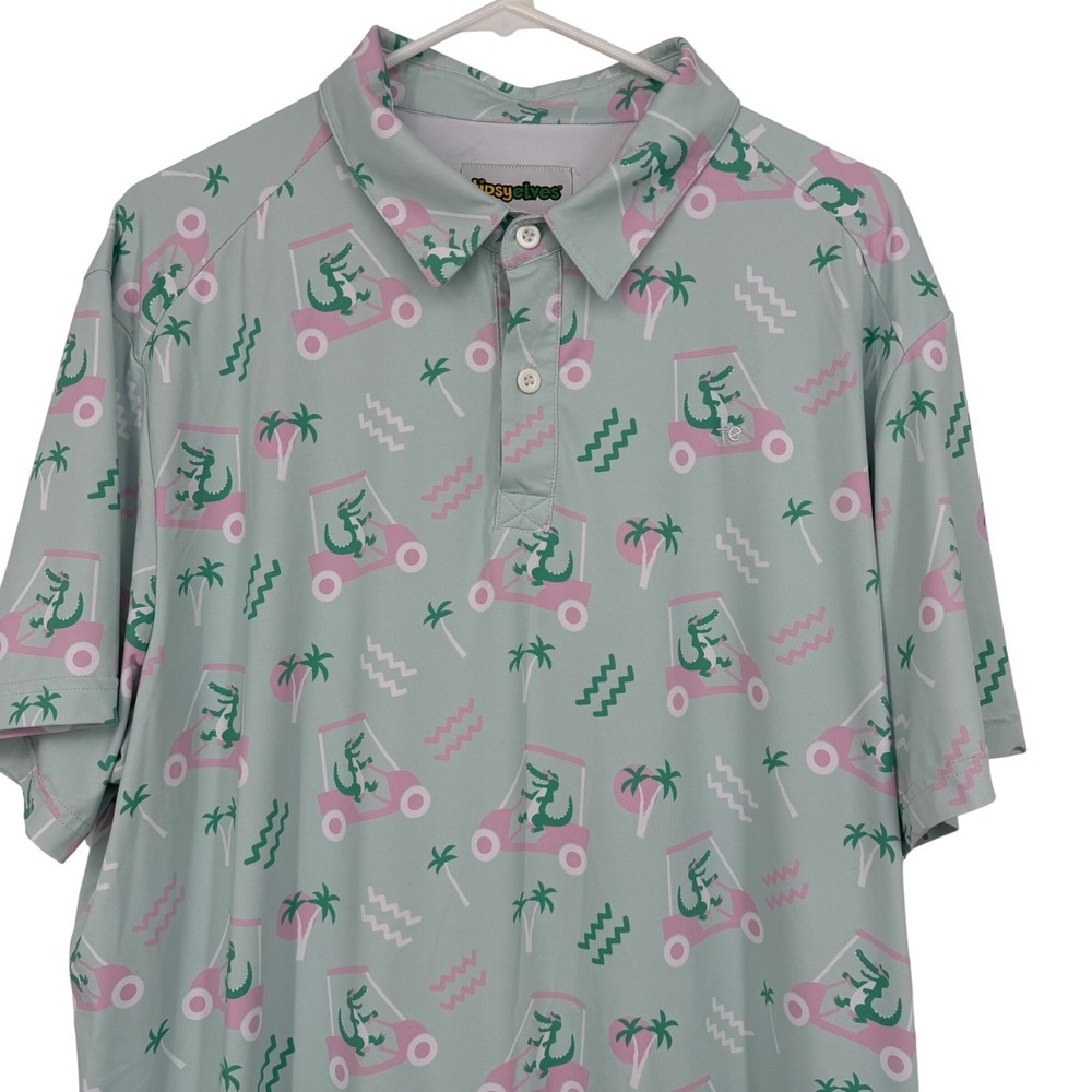 Tipsy Elves Mens Golf Polo Shirt XXL Alligator Golf Cart Palm Tree Mint Green